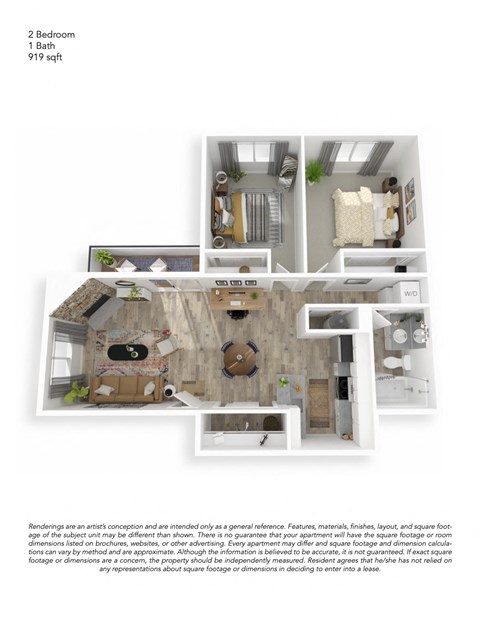 Floor plan for 2 beds, 1 bath, 919 sqft